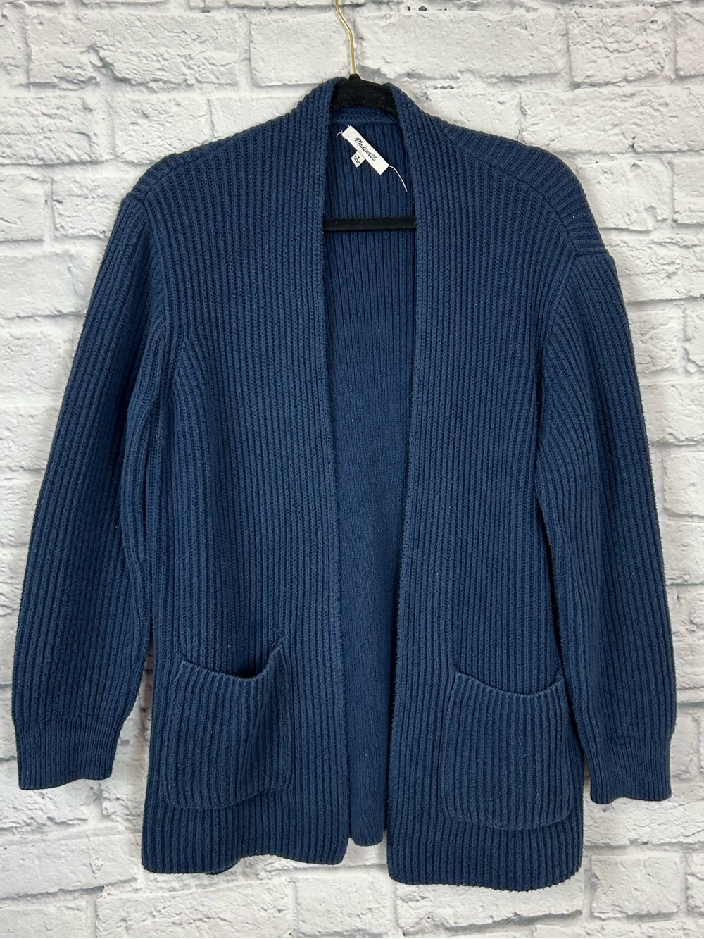 Madewell Navy Blue Ribbed Open Front Cardigan Sweater Pockets Size Medium